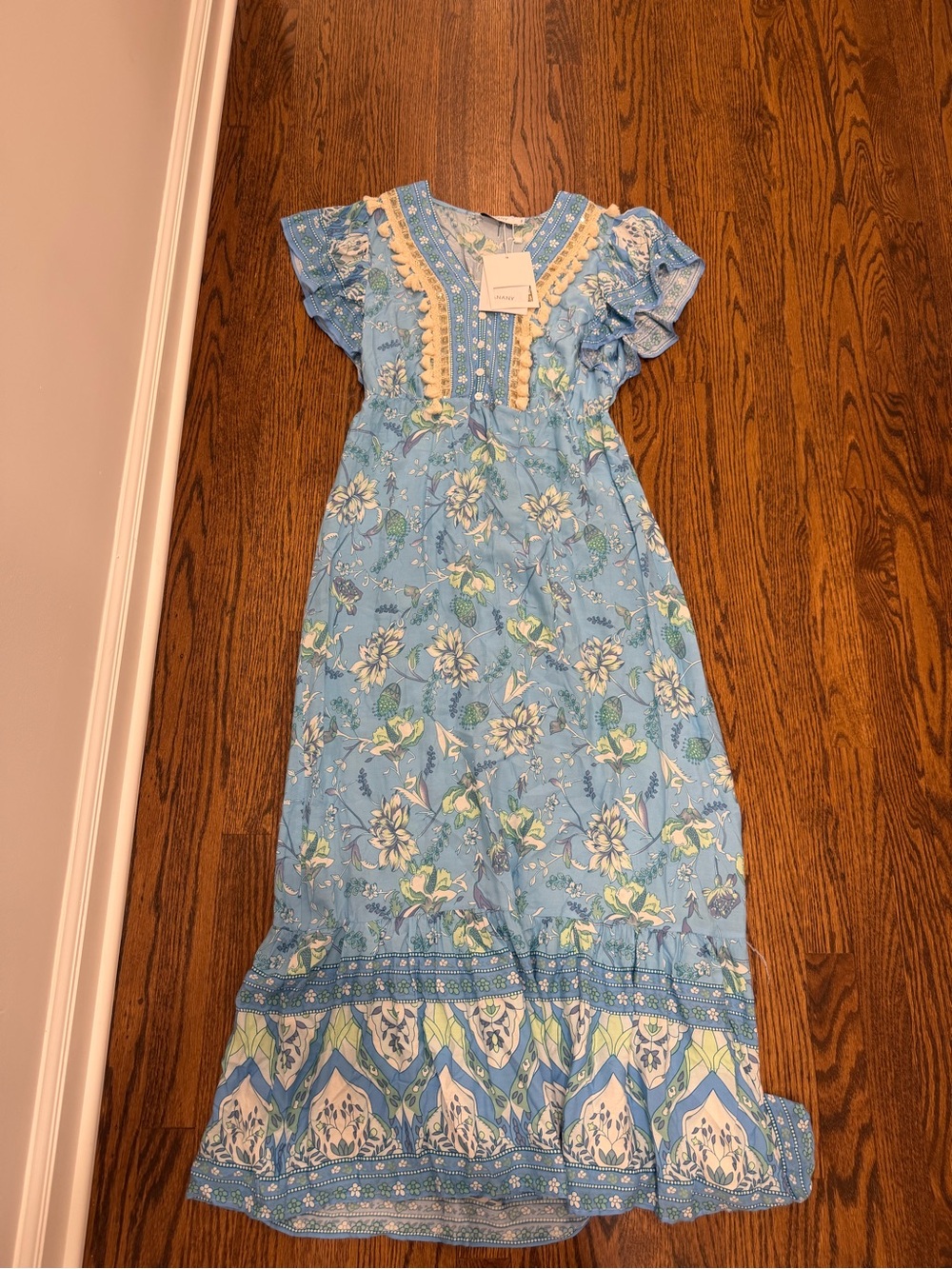 Women’s Light Blue Floral Maxi Dress with Ruffle Sleeves